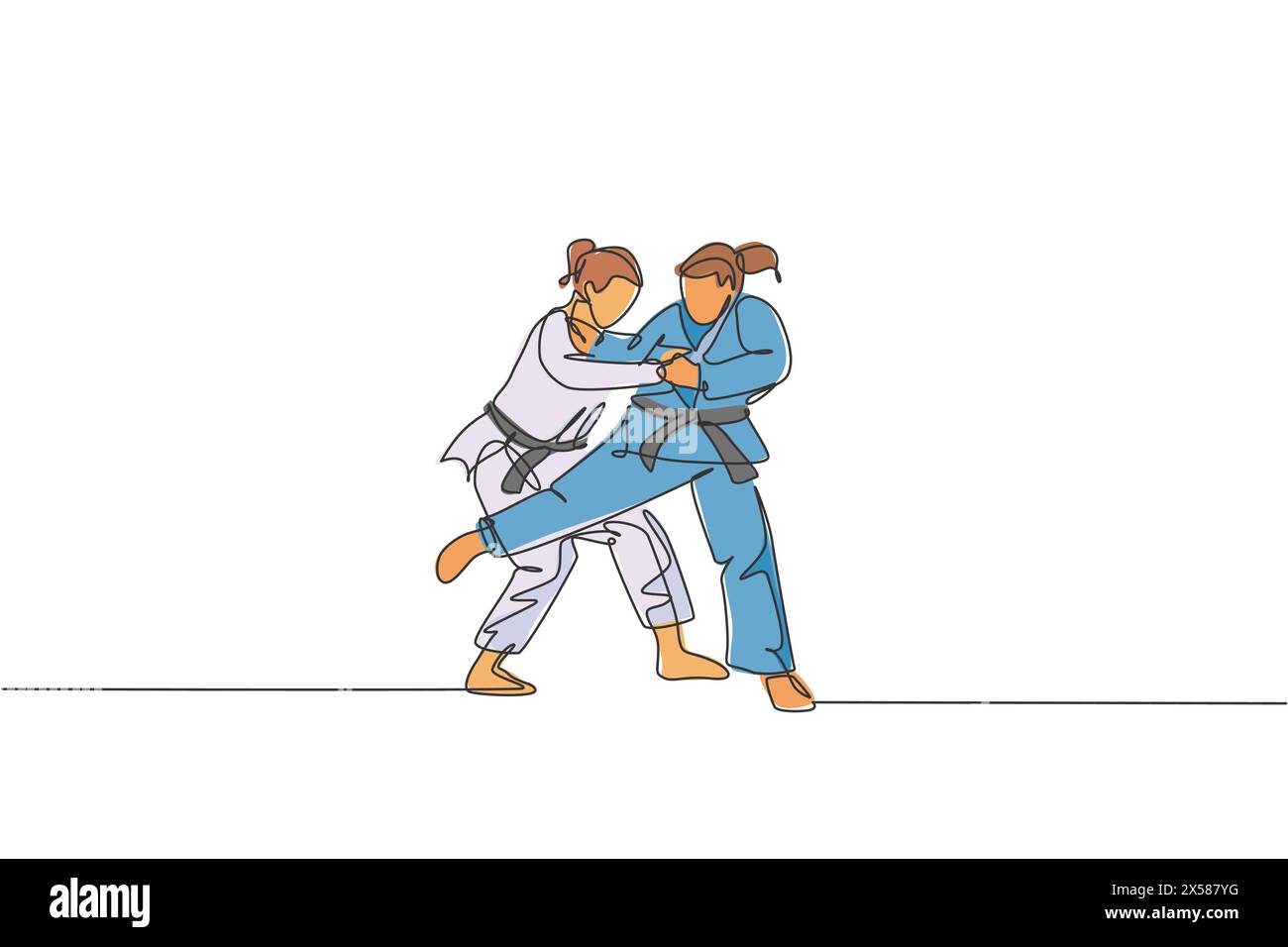 Una linea continua che disegna due giovani donne sportive che allenano la tecnica del judo nella palestra sportiva. Jiu jitsu battaglia lotta sport concetto di competizione. Dinamica S Illustrazione Vettoriale