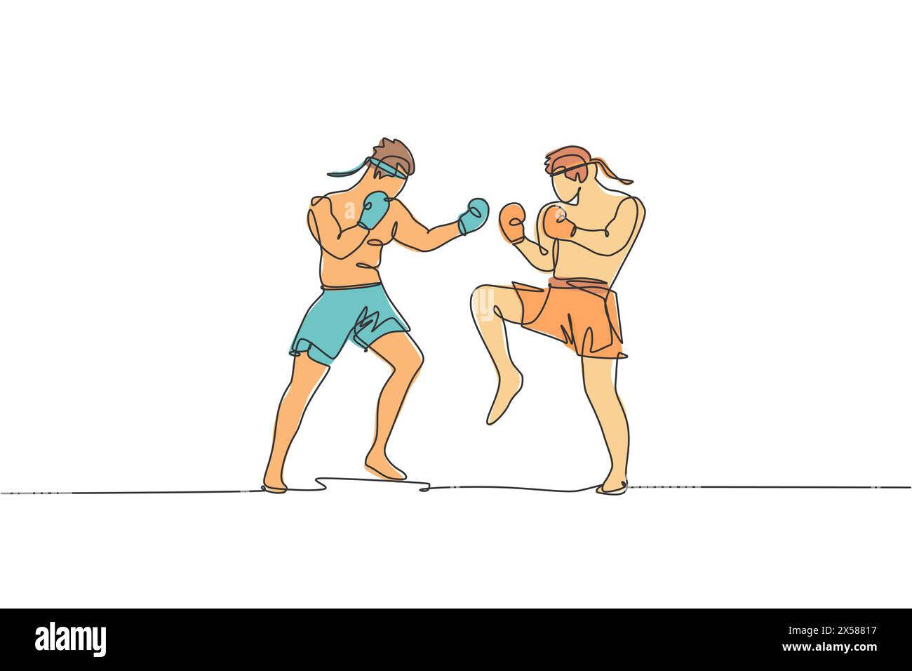 Un disegno su una sola linea di due giovani energici pugile thailandesi muay sparring Fight in palestra centro fitness illustrazione vettoriale. Combattivo pugilato tailandese Illustrazione Vettoriale