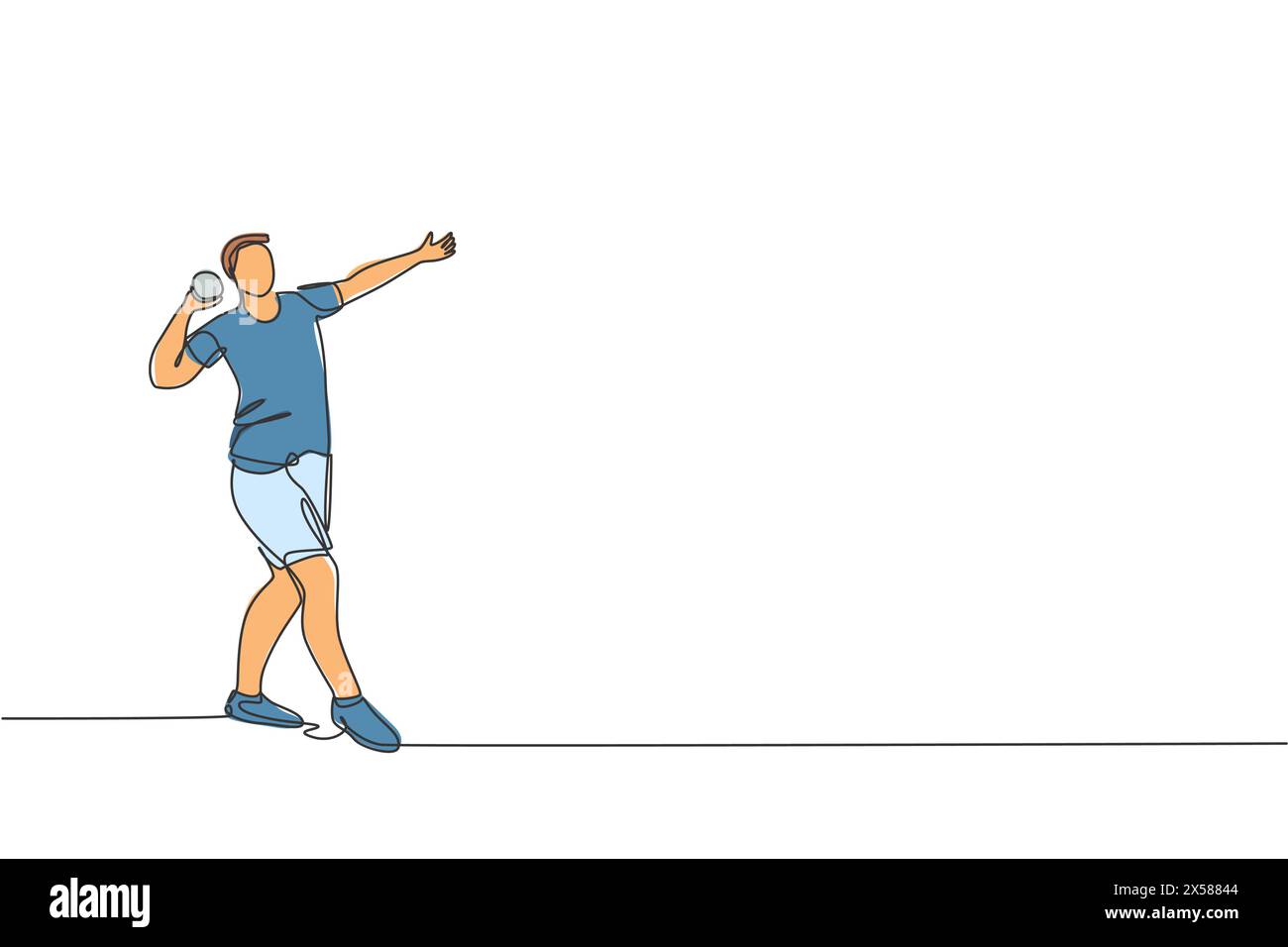 Un disegno su una sola linea di una giovane donna energica che fa esercizio per lanciare un colpo e che mette in risalto la figura vettoriale sul campo. Stile di vita sano atletico sp Illustrazione Vettoriale