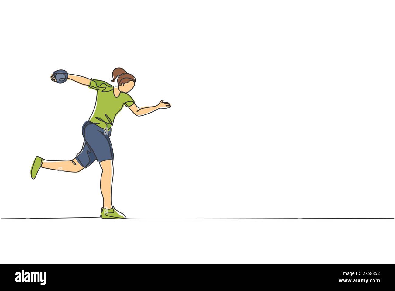 Un'unica linea di disegno di una giovane donna energica che fa esercizio per lanciare con forza il disco nell'illustrazione vettoriale di terra sul campo. Stile di vita sano atletico Illustrazione Vettoriale