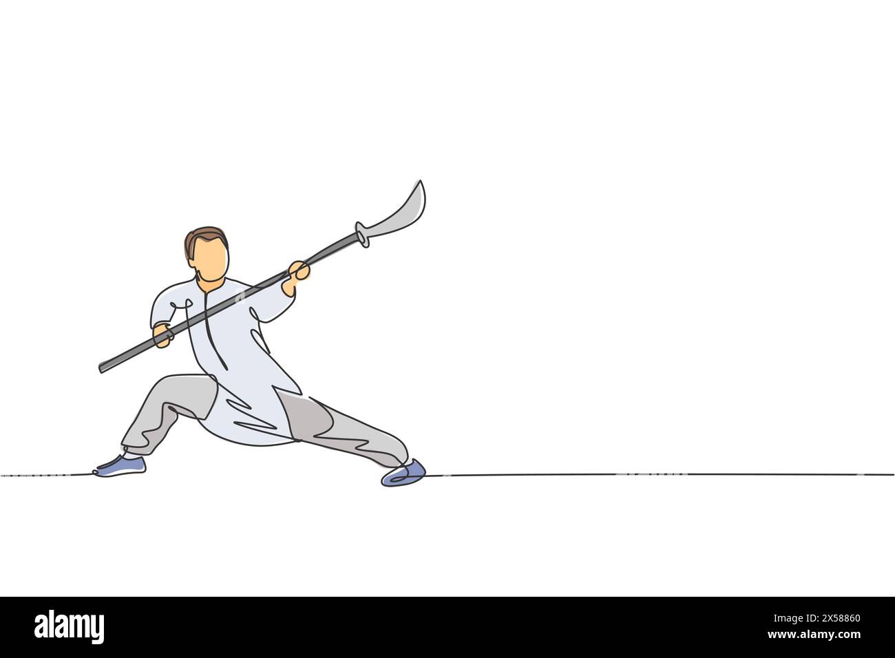 Un disegno a linea singola di un giovane su kimono esercitazione wushu arte marziale, tecnica kung fu con lancia sul centro della palestra illustrazione vettoriale. Combattimenti sp Illustrazione Vettoriale