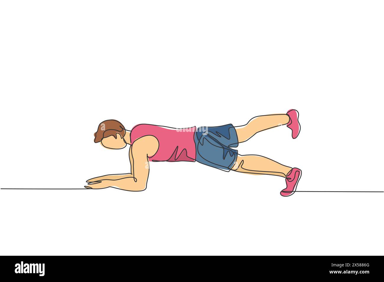 Un disegno su una sola linea di un giovane uomo energico che si allena facendo il gomito nella figura vettoriale del centro della palestra. Fitness sport bodybuilding salute lif Illustrazione Vettoriale