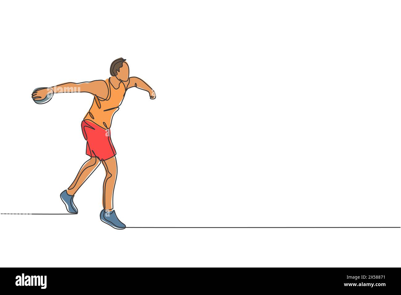Un unico disegno continuo di un giovane sportivo si pratica per lanciare il disco sullo stadio del campo. Concetto di sport per i giochi sportivi. Disegna una linea alla moda Illustrazione Vettoriale