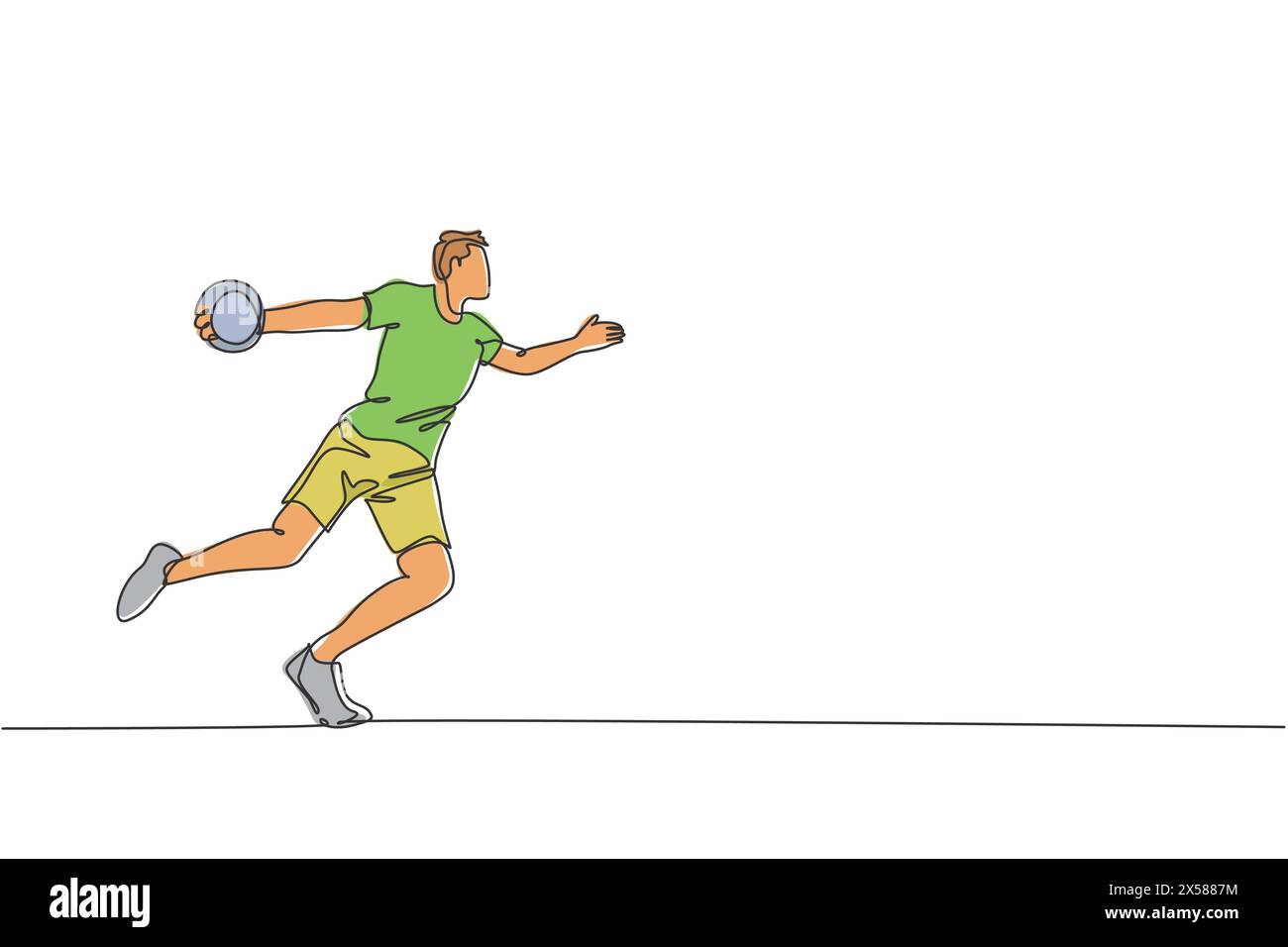 Un disegno continuo di una giovane donna sportiva che fa esercizio per lanciare il disco sul campo. Giochi sportivi. Concetto di sport olimpico. Singolo dinamico Illustrazione Vettoriale