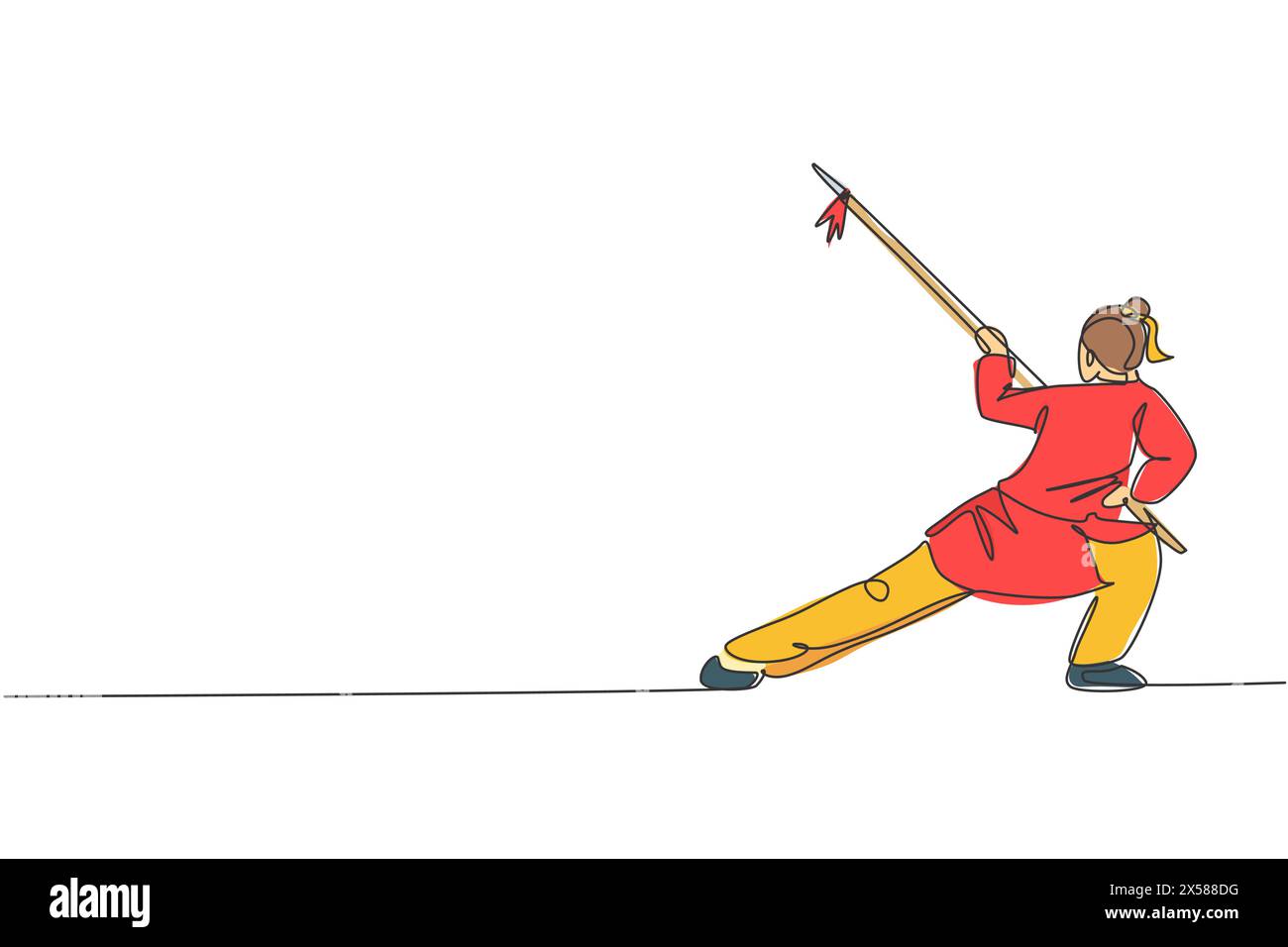 Un disegno a linea singola di una giovane donna su kimono esercitazione wushu arte marziale, tecnica kung fu con lancia sul centro della palestra illustrazione vettoriale. Combattere Illustrazione Vettoriale