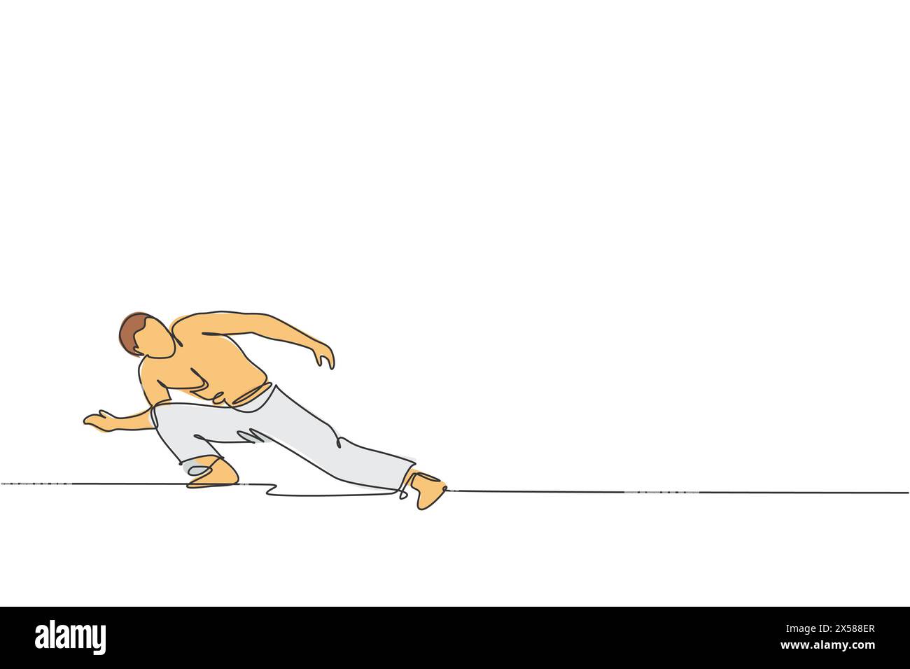 Disegno a linea singola continua di un giovane uomo sportivo pratica la capoeira brasiliana move dance in strada all'aperto. Cultura arte marziale e concetto di sport. Illustrazione Vettoriale