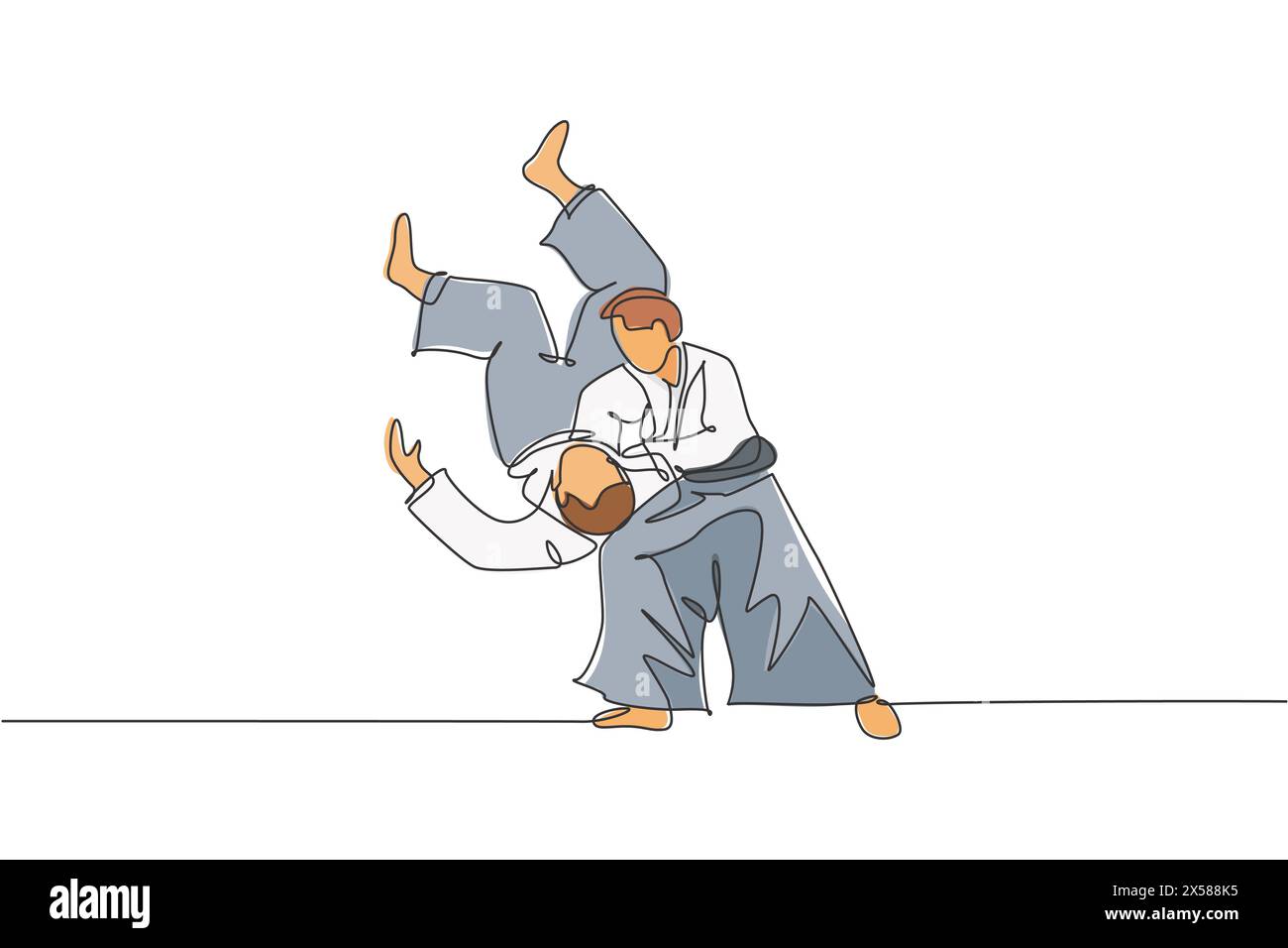Un disegno continuo di due giovani combattenti aikido esercitano la tecnica di combattimento del treno sbatte al centro dojo. Concetto di sport d'arte marziale. Dyna Illustrazione Vettoriale
