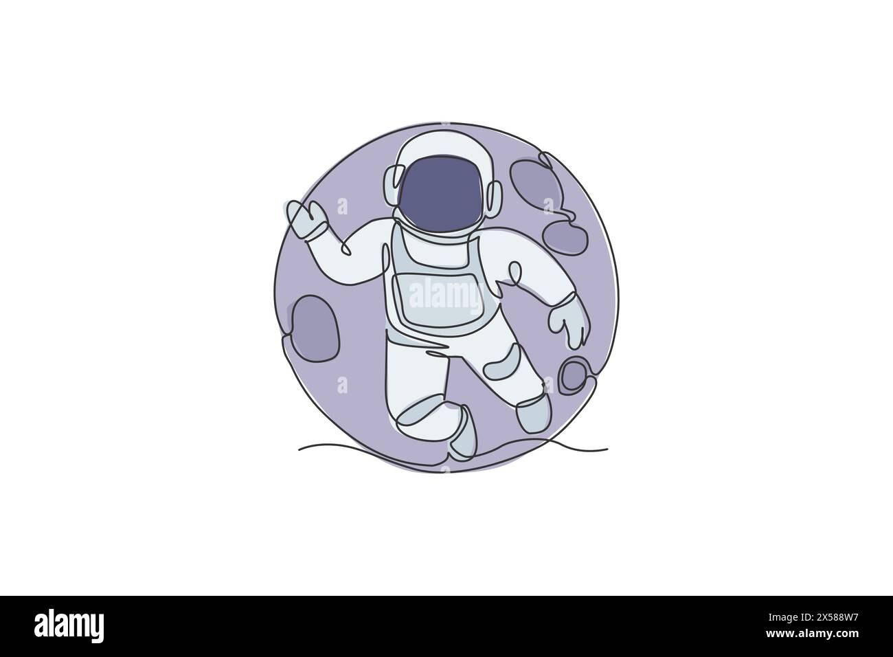 Disegno a linea singola continua di astronauta scientifico galleggiante in passeggiata spaziale che vola contro la luna piena. Esplorazione fantasy nello spazio profondo, concetto di finzione. T Illustrazione Vettoriale