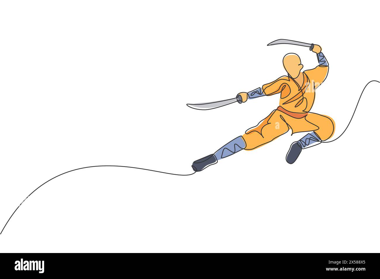 Un unico disegno continuo di un giovane e muscoloso monaco shaolin che tiene in mano la spada e il calcio di salto del treno al tempio. Tradizionale kung fu combattuto co Illustrazione Vettoriale