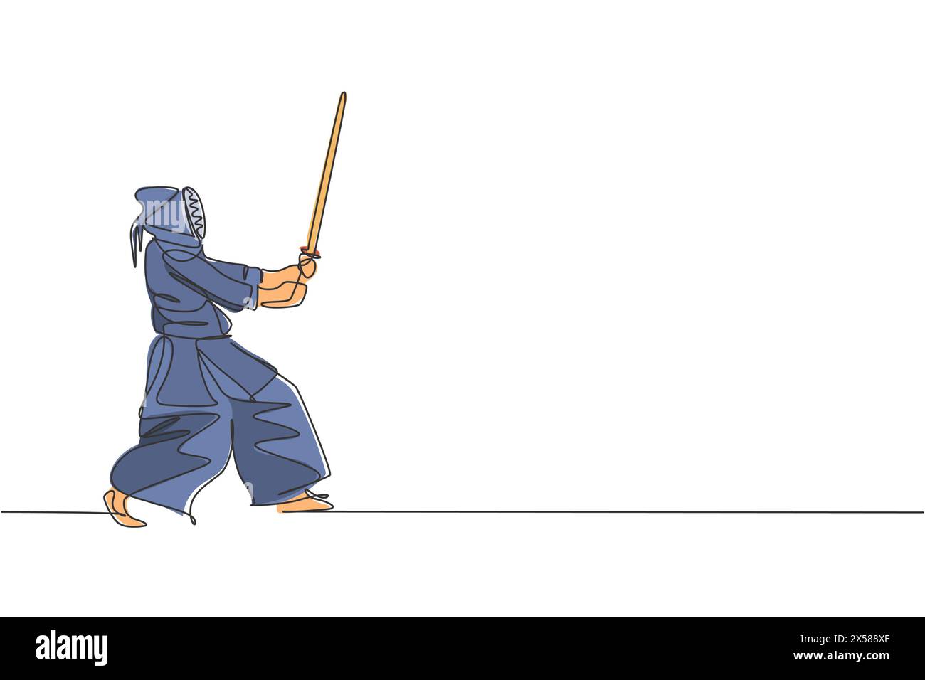 Una linea singola disegna un giovane uomo energico abilità di kendo di difesa con spada di legno al centro della palestra illustrazione grafica vettoriale. Lotta combattente Illustrazione Vettoriale