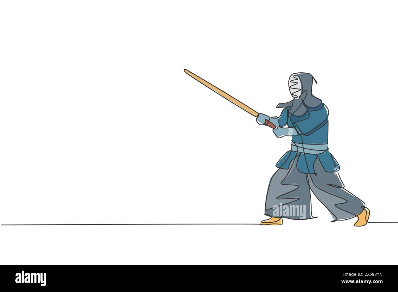 Un disegno su una sola linea di un giovane uomo energico posizione di kendo con una spada di legno al centro della palestra illustrazione vettoriale. Combattivo spo Illustrazione Vettoriale