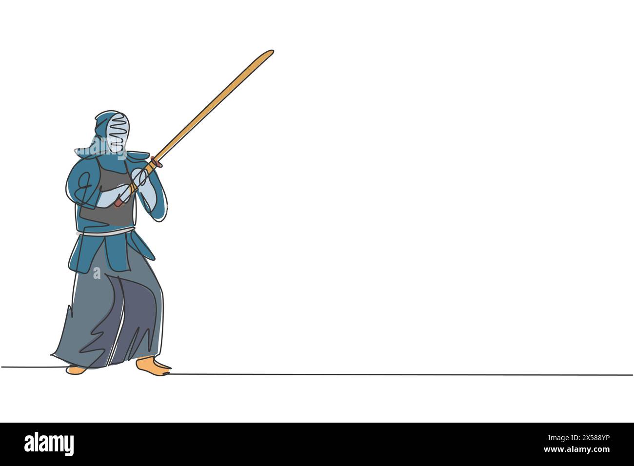 Un disegno su una sola linea di un giovane uomo energico che esercita la posizione di kendo con una spada di legno al centro della palestra illustrazione grafica vettoriale. Combattivo Fight spor Illustrazione Vettoriale