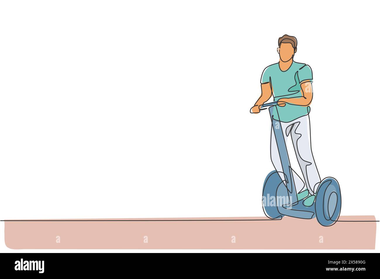 Linea singola continua che disegna un giovane uomo felice in sella a uno scooter nell'area pubblica. Trasporto ecologico. Concetto di stile di vita urbano. Alla moda Illustrazione Vettoriale