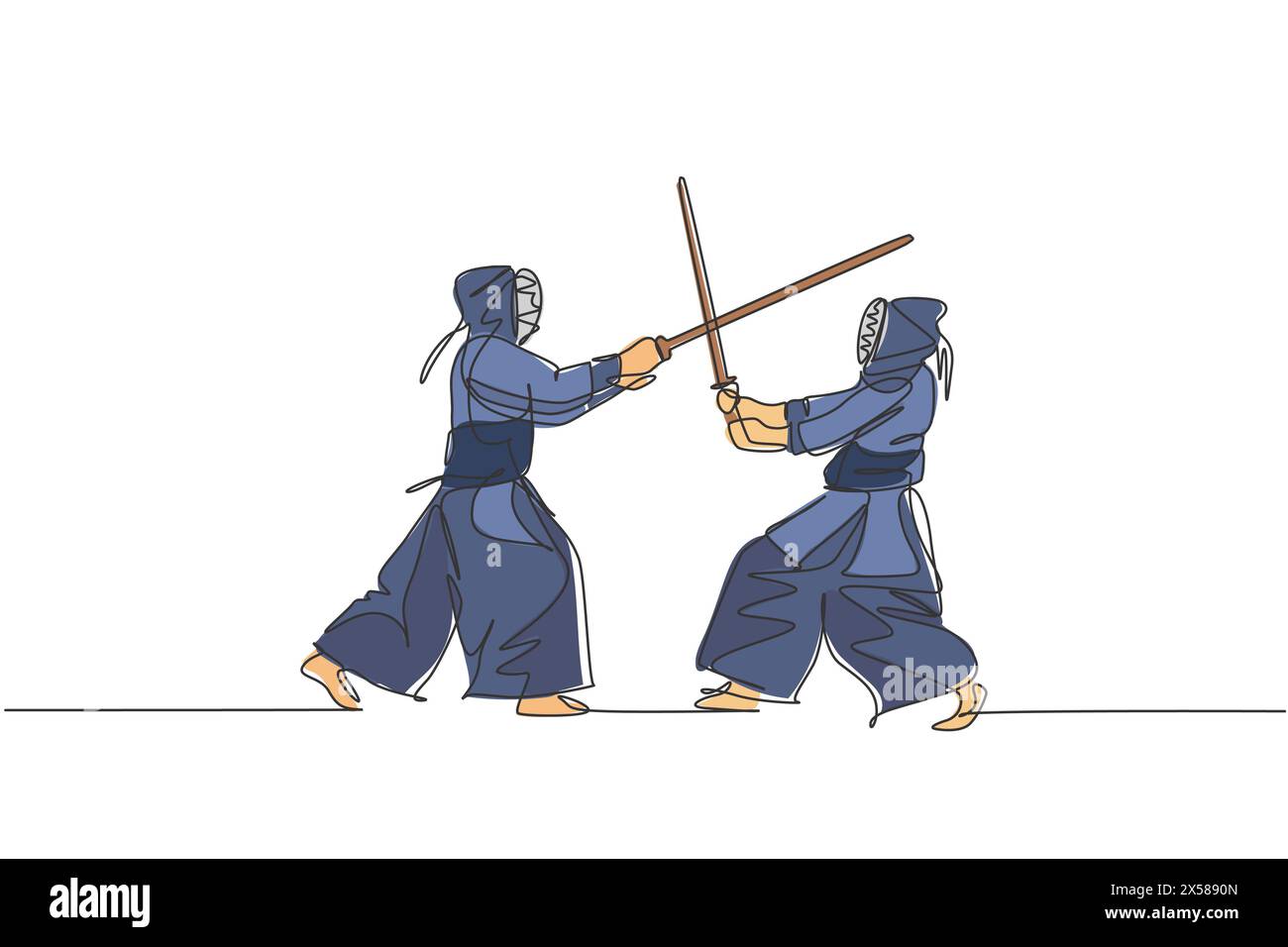 Un disegno a linea singola di due giovani uomini energici esercitano sparring fight kendo con la spada di legno al centro della palestra illustrazione vettoriale. Lotta combattente Illustrazione Vettoriale