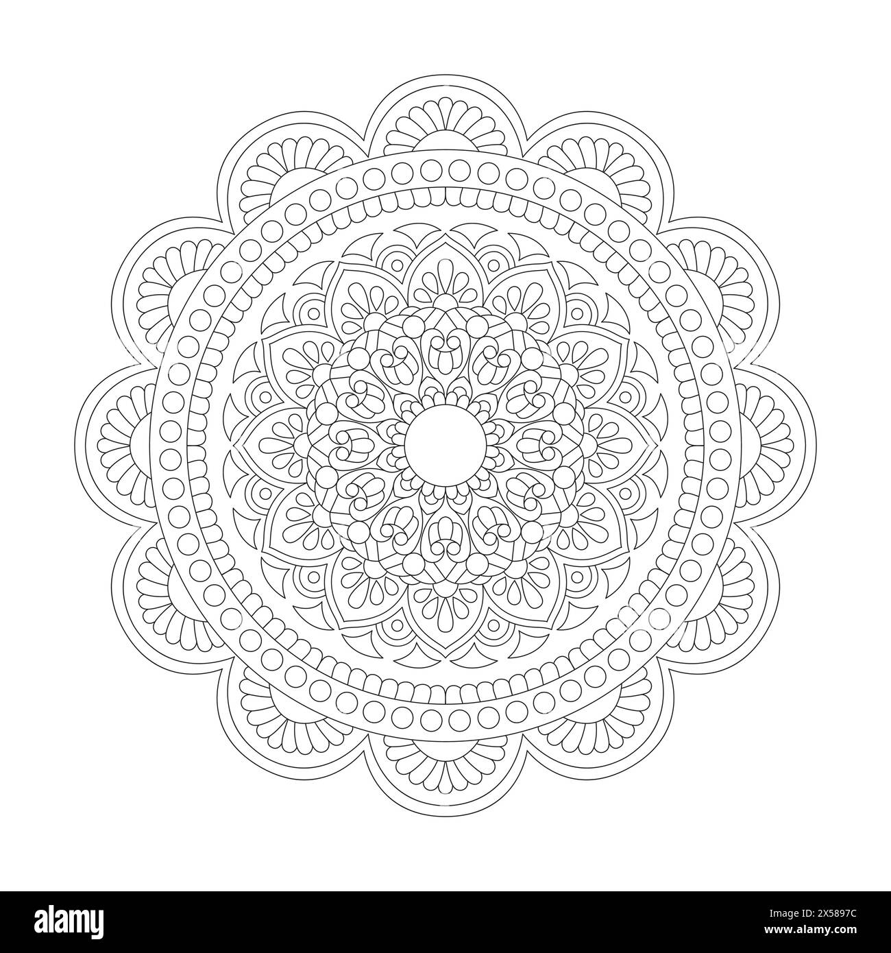 Pagina del libro da colorare Serene Spirals Mandala per l'interno del libro kdp. Petali tranquilli, capacità di rilassarsi, esperienze cerebrali, Harmonous Haven, pacifico porto Illustrazione Vettoriale