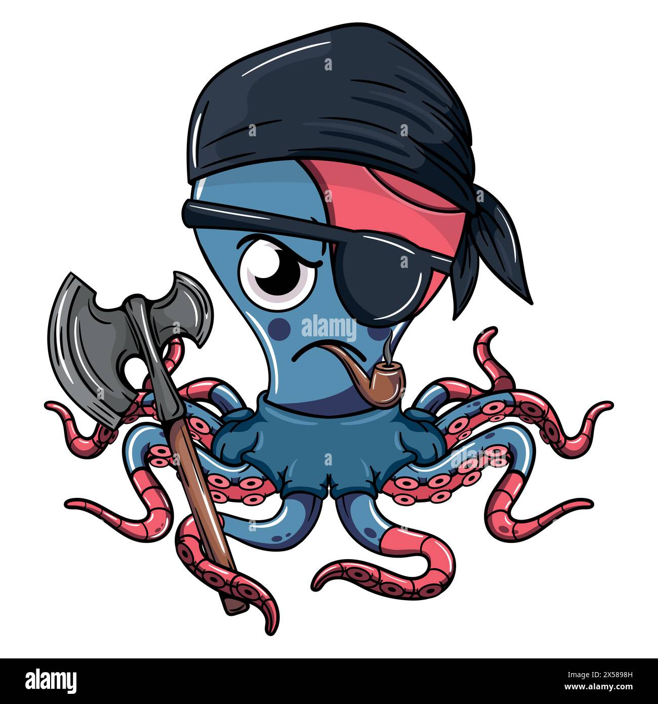 Fumetti cartoni animati polpo gangster personaggio con patch pirata che fuma una pipa con un'ascia nel tentacolo. Illustrazione per fantasy, fantascienza e. Illustrazione Vettoriale