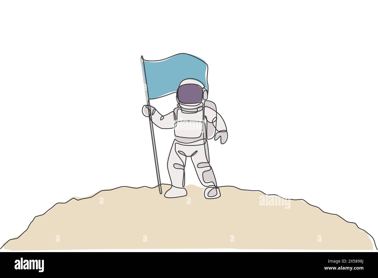 Un disegno su una sola linea dell'astronauta spaziale che esplora la superficie lunare e posiziona la bandiera per contrassegnarla come illustrazione vettoriale. Fantasy Outer Space Life f Illustrazione Vettoriale Un disegno su una sola linea dell'astronauta spaziale che esplora la superficie lunare e posiziona la bandiera per contrassegnarla come illustrazione vettoriale. Fantasy Outer Space Life f Illustrazione Vettoriale