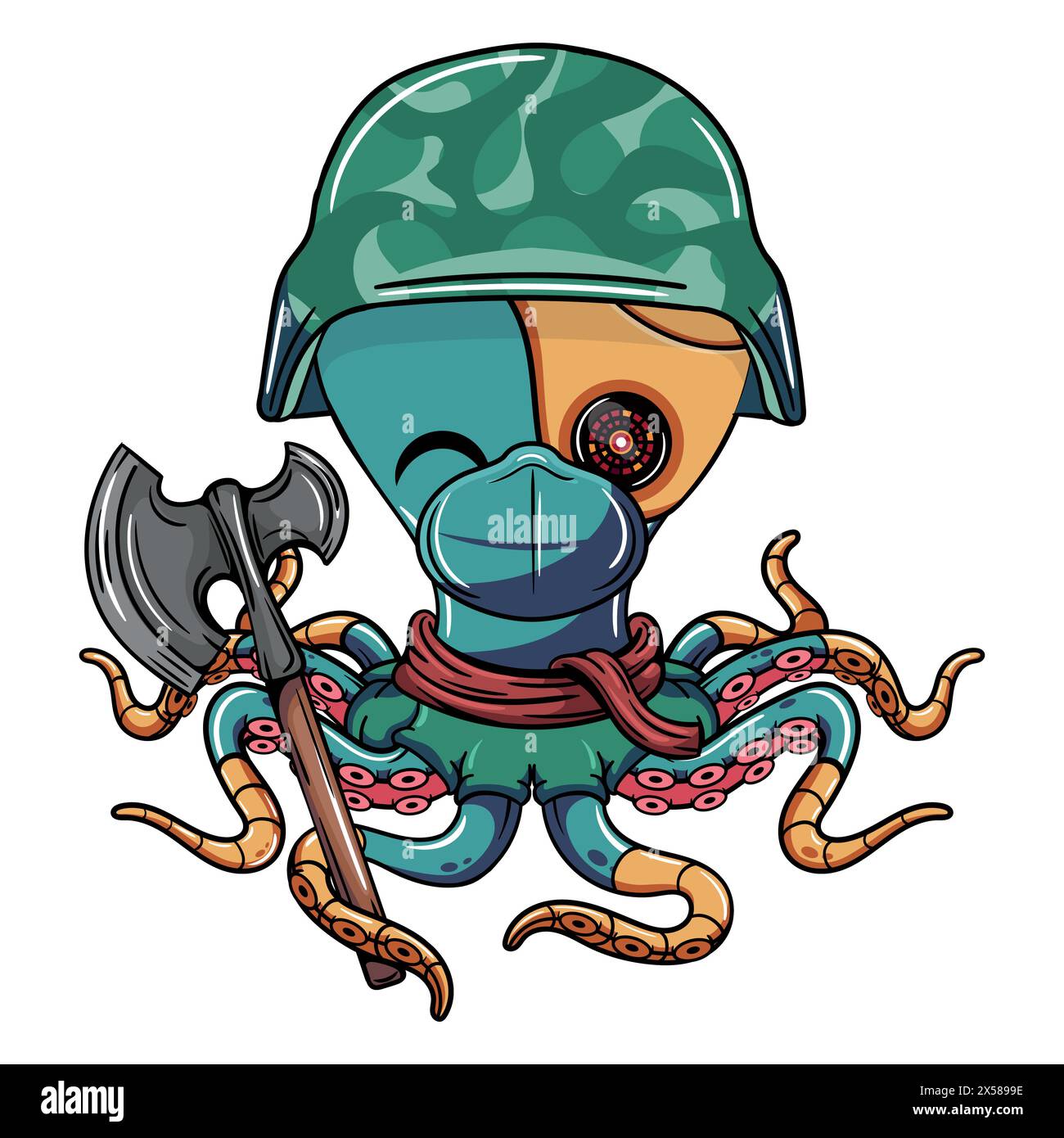 Fumetto militare cyborg polpo personaggio con maschera facciale e un'ascia nel suo tentacolo. Illustrazione per fumetti fantasy, fantascienza e avventura Illustrazione Vettoriale