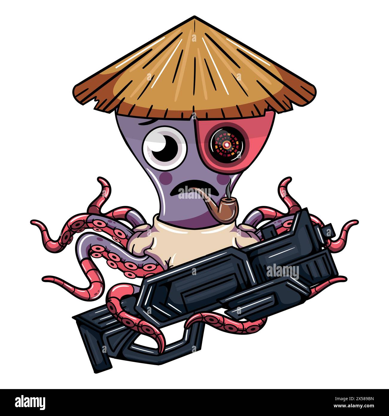 Personaggio del polpo cyborg dei cartoni animati che indossa un cappello cinese, tiene in mano un fucile e fuma una pipa. Illustrazione per fantasy, fantascienza e avventura co Illustrazione Vettoriale