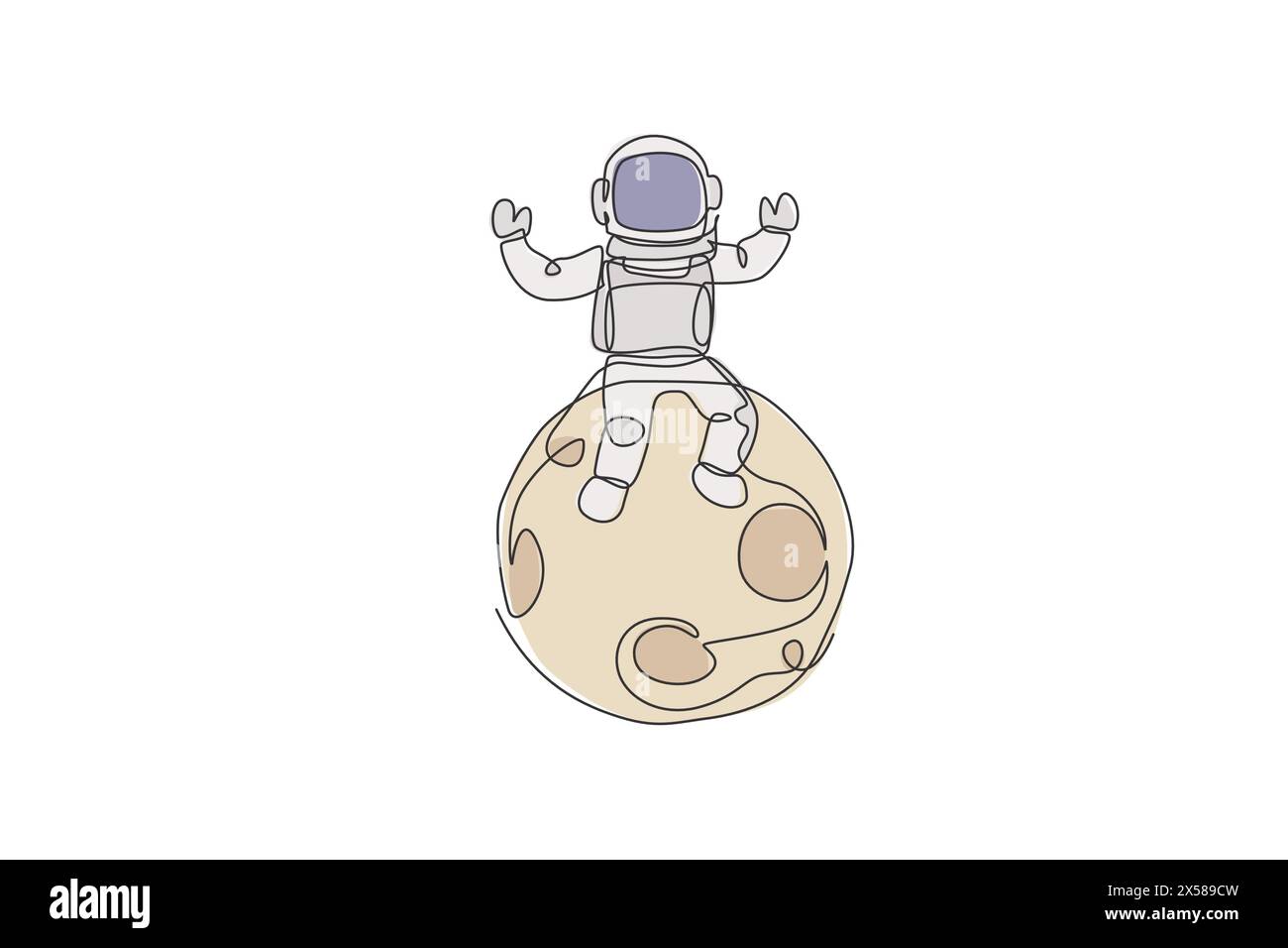 Disegno di una sola linea continua di astronauti scientifici galleggianti in passeggiata spaziale e seduti sulla luna piena. Esplorazione fantasy nello spazio profondo, concetto di finzione. T Illustrazione Vettoriale Disegno di una sola linea continua di astronauti scientifici galleggianti in passeggiata spaziale e seduti sulla luna piena. Esplorazione fantasy nello spazio profondo, concetto di finzione. T Illustrazione Vettoriale