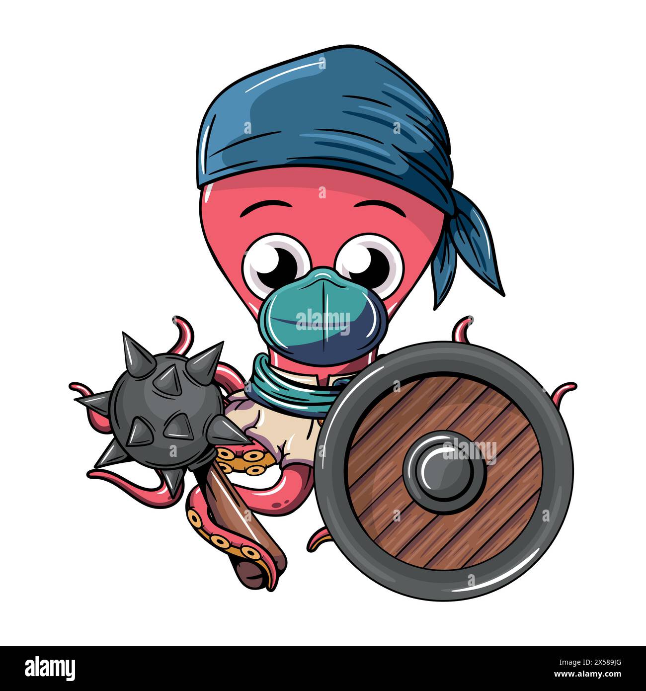 Personaggio dei cartoni animati ribelle cyborg polpo con mazza di guerra e uno scudo. Illustrazione per fumetti fantasy, fantascienza e avventura Illustrazione Vettoriale
