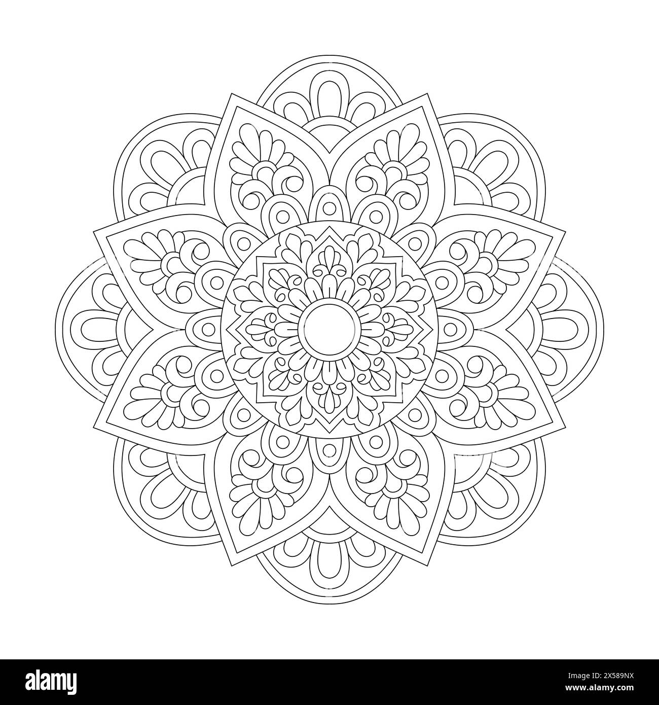 Pagina libro da colorare Mandala Spirited Symmetry per interno libro kdp. Petali tranquilli, capacità di rilassarsi, esperienze cerebrali, Harmonous Haven, Peaceful P Illustrazione Vettoriale