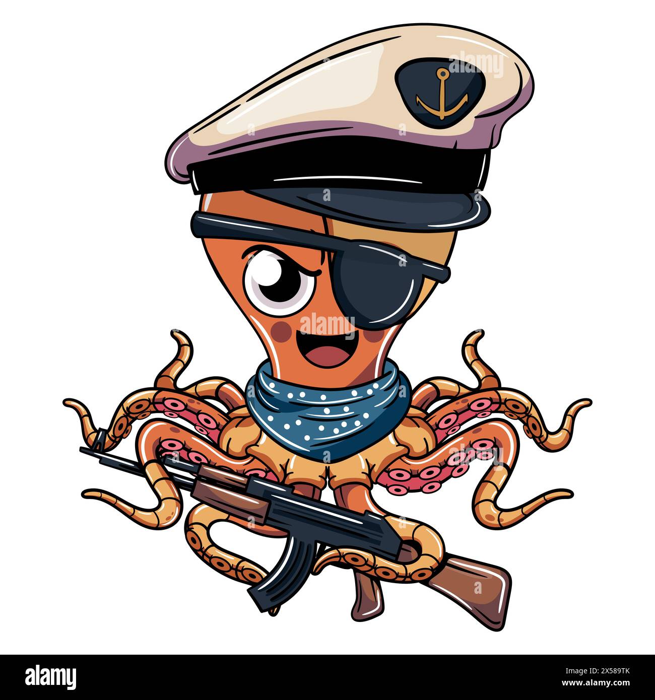 Il marinaio dei cartoni animati, il polpo cyborg, indossa un berretto blu navy con un fucile. Illustrazione per fumetti fantasy, fantascienza e avventura Illustrazione Vettoriale