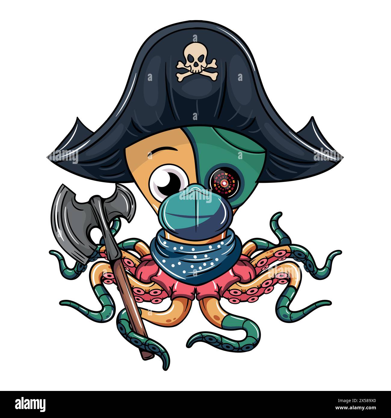 Personaggio del polpo cyborg cartoni animati con cappello pirata, maschera facciale e un'ascia nel suo tentacolo. Illustrazione per fumetti fantasy, fantascienza e avventura Illustrazione Vettoriale