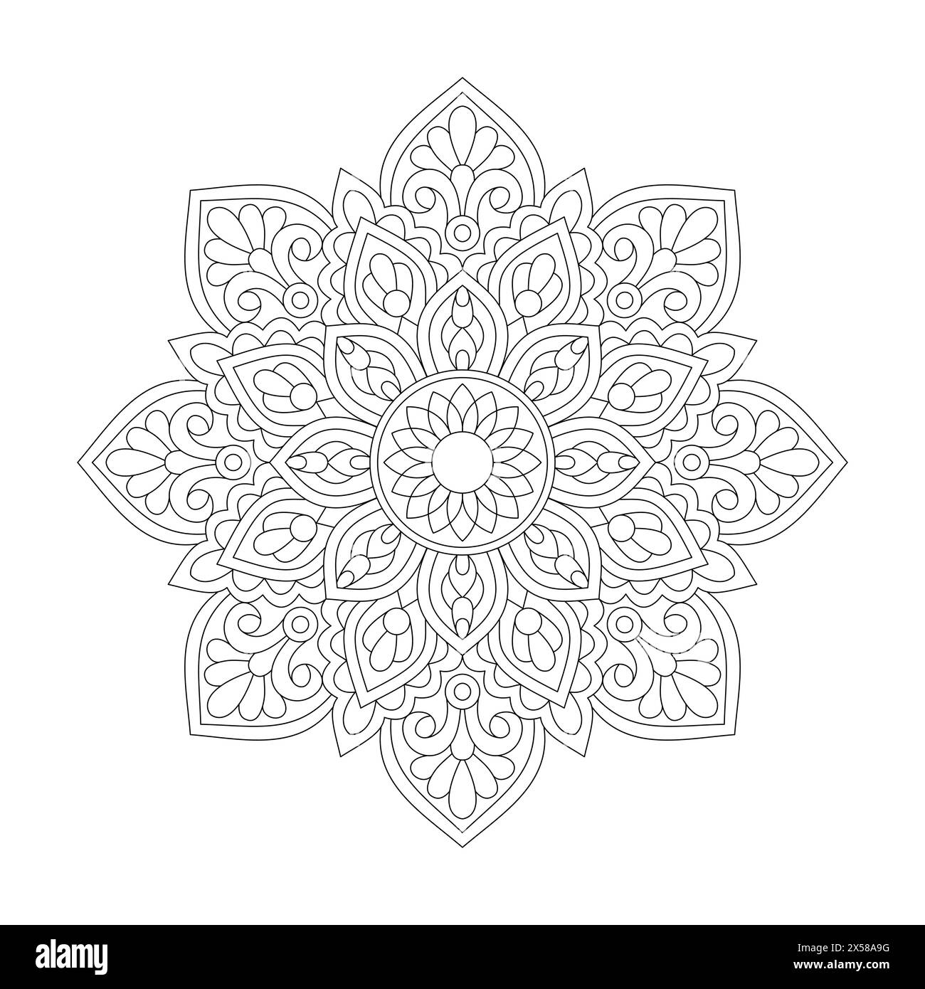 Enigmatic Elixir Mandala Colouring Book Page per KDP Book Interior. Petali tranquilli, capacità di rilassarsi, esperienze cerebrali, Harmonous Haven, Peaceful P Illustrazione Vettoriale