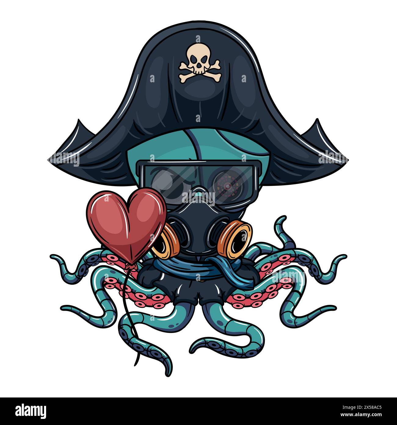 Pirata pirata arrabbiato con occhiali e maschera antigas con un palloncino cardiaco nel suo tentacolo robotico. Illustrazione per fantasia, scienza fi Illustrazione Vettoriale
