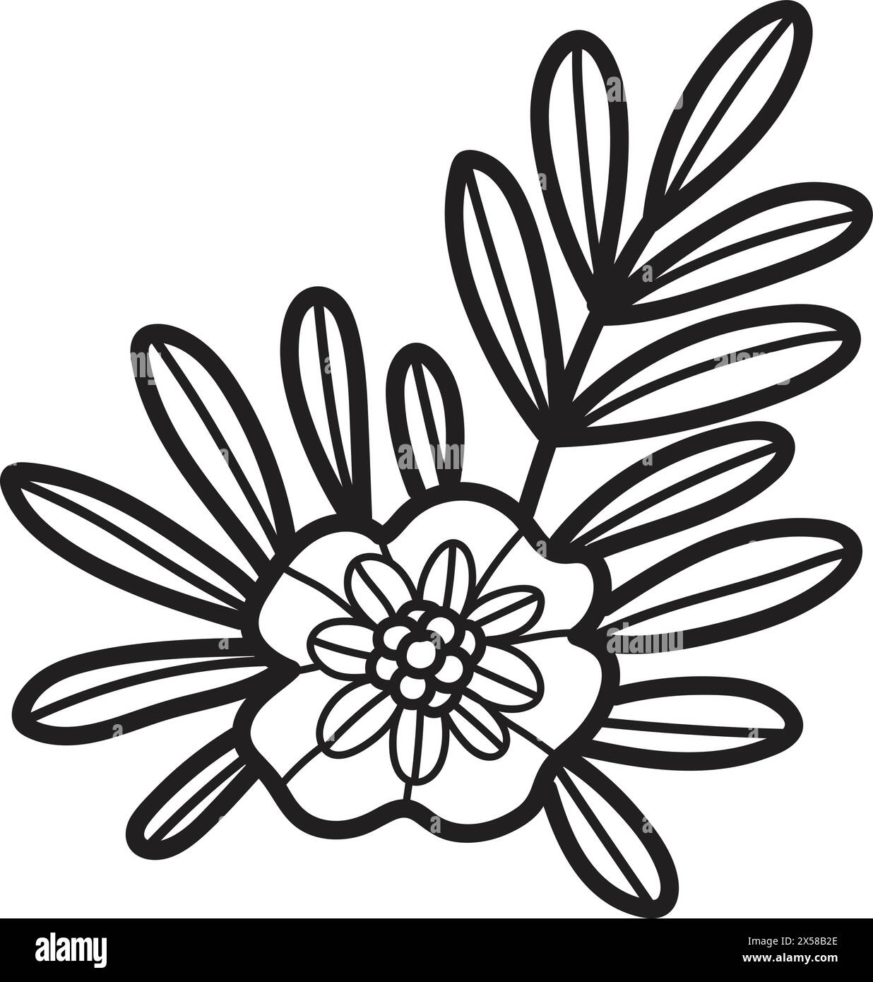 Un disegno bianco e nero di un fiore con una foglia. Il fiore è piccolo e ha un centro bianco. Il disegno ha uno stile semplice ed elegante Illustrazione Vettoriale