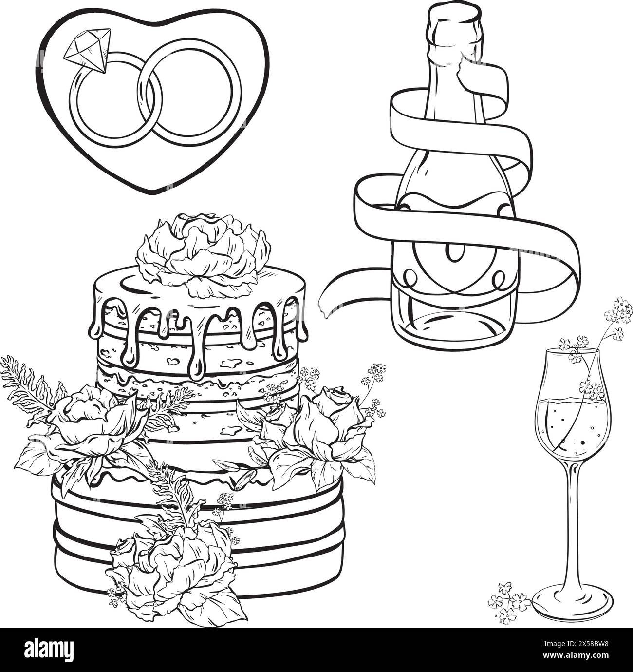 Un disegno monocromatico con bicchieri, torta nuziale e anelli Illustrazione Vettoriale