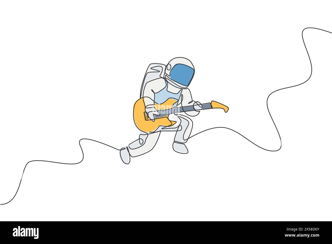 Un disegno continuo di astronauta con tuta spaziale che suona la chitarra acustica nell'universo galassico. Concerto di musica spaziale. Singolo dinamico Illustrazione Vettoriale