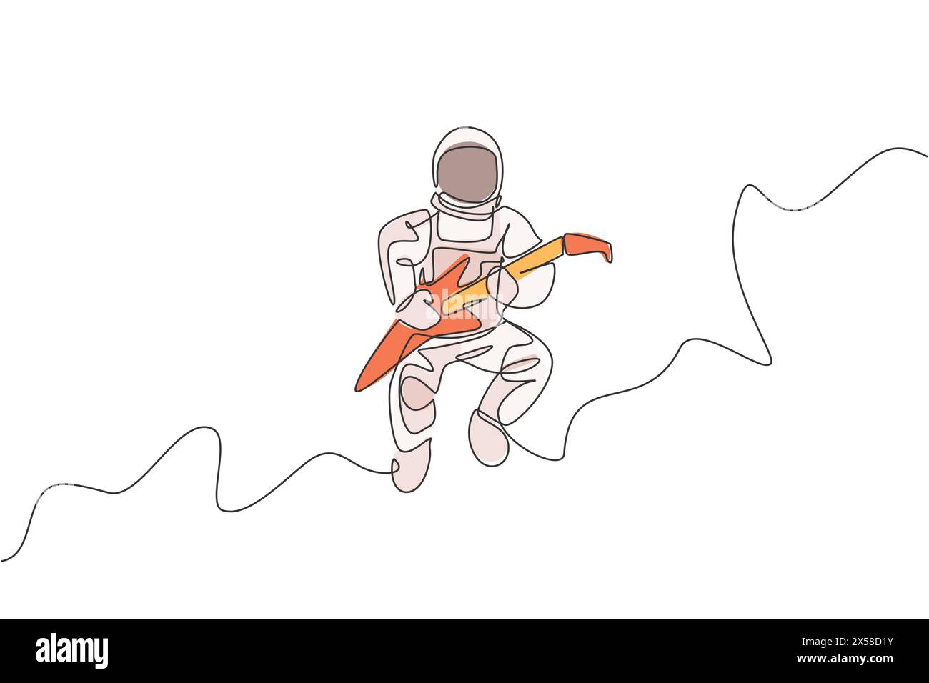 Un disegno continuo di astronauta con tuta spaziale che suona la chitarra elettrica nell'universo galassico. Concerto di musica spaziale. Singolo dinamico Illustrazione Vettoriale