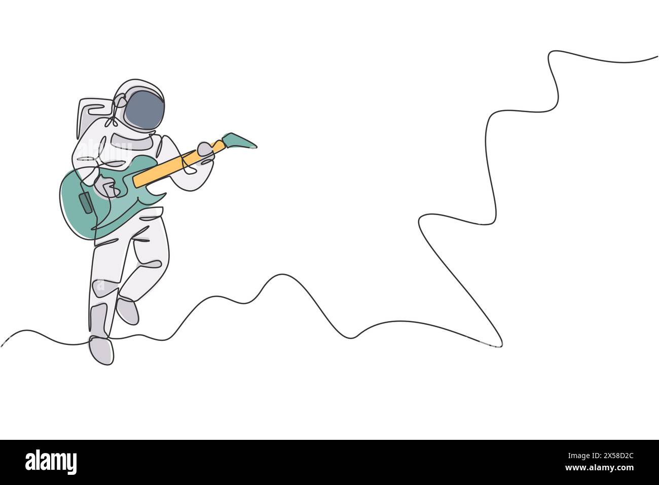 Disegno a linea singola continua di astronauta che suona chitarra elettrica strumento musicale nella galassia cosmica. Concerto di musica spaziale. Uno alla moda Illustrazione Vettoriale