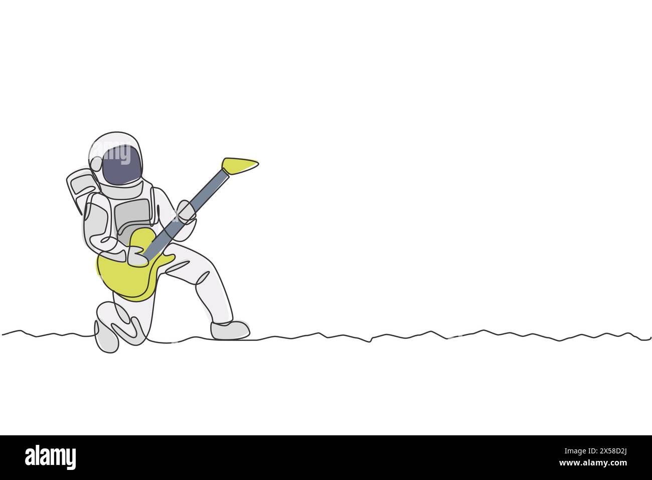 Un disegno su una sola riga di un astronauta che suona la chitarra acustica lo strumento musicale nell'illustrazione vettoriale dello spazio profondo. Poster dei concerti musicali con spazio Illustrazione Vettoriale
