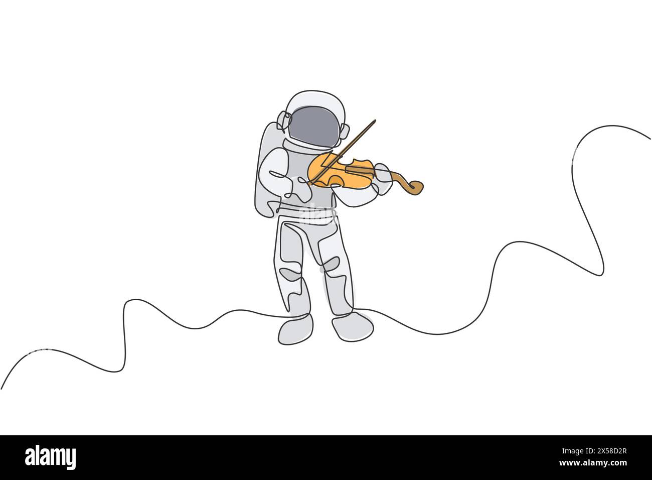 Disegno a linea singola continua di astronauta che suona uno strumento musicale per violino di bellezza nella galassia cosmica. Concerto di musica spaziale. Uno alla moda Illustrazione Vettoriale