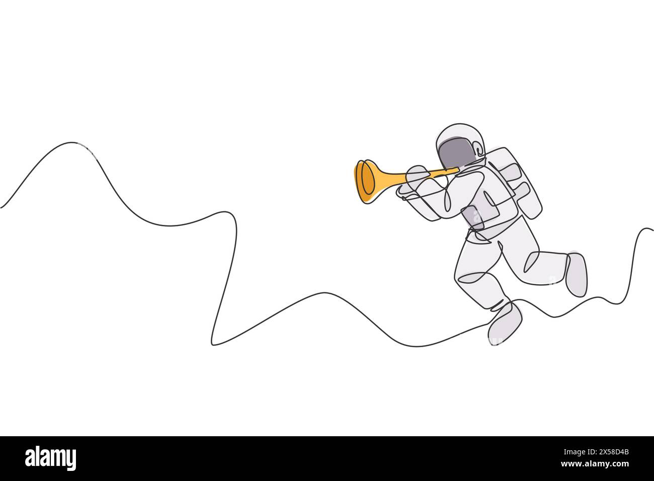 Un disegno continuo di astronauta con tuta spaziale che gioca a tromba nell'universo galassico. Concerto di musica spaziale e concetto di orchestra. Dinamica S Illustrazione Vettoriale