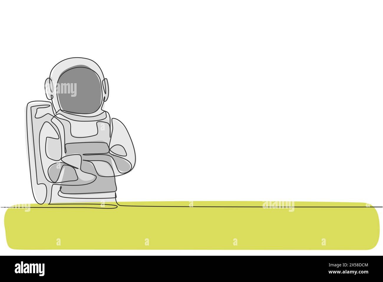 Un disegno a linea singola di cosmonauta in posa con stile, mentre le mani incrociate sull'illustrazione vettoriale del torace. Ufficio affari astronauti con esterno S Illustrazione Vettoriale