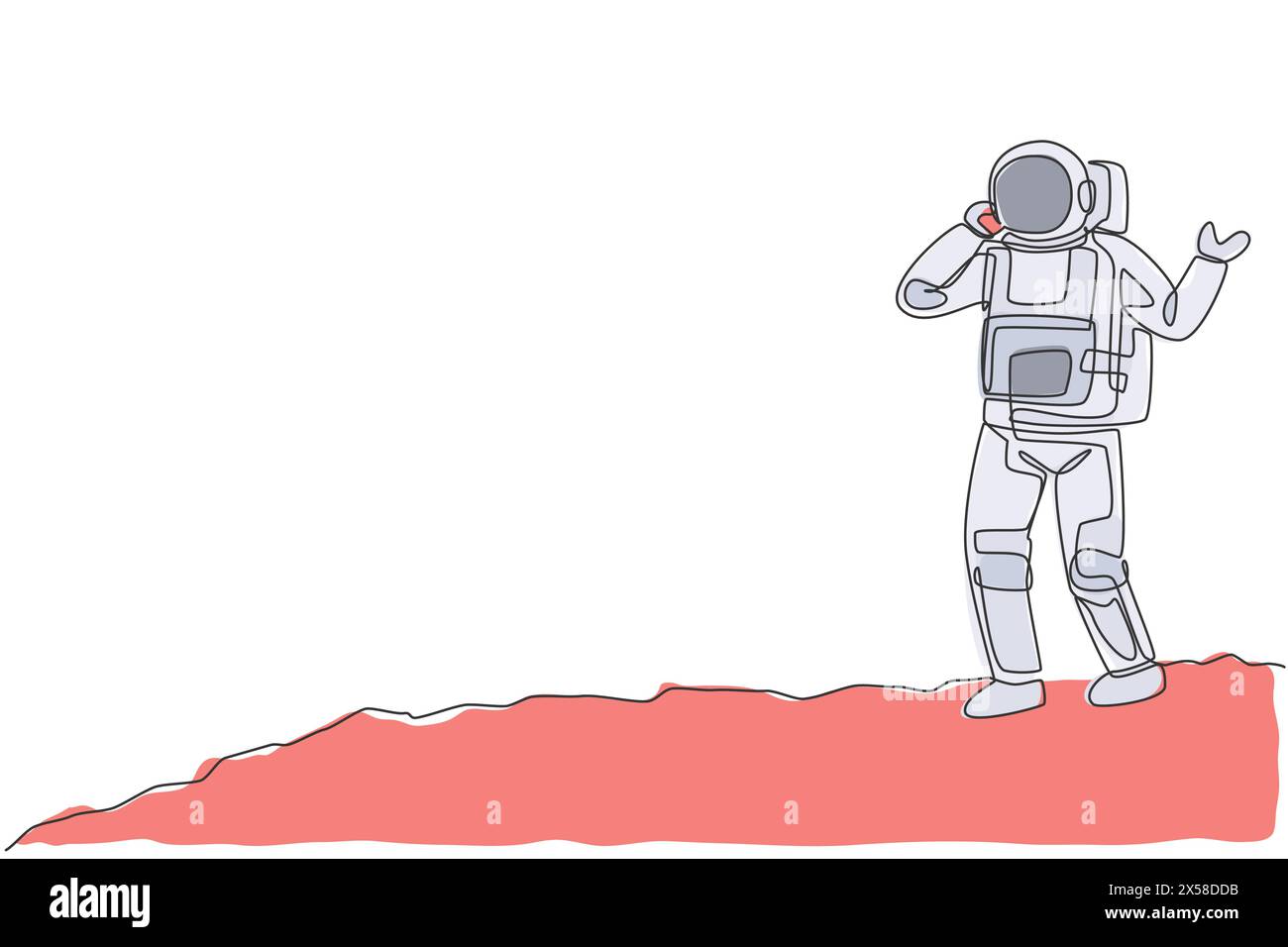 Un disegno di una sola linea del cosmonauta fa una chiamata al partner usando lo smartphone nell'illustrazione vettoriale della superficie lunare. Ufficio affari astronauti con esterno Illustrazione Vettoriale
