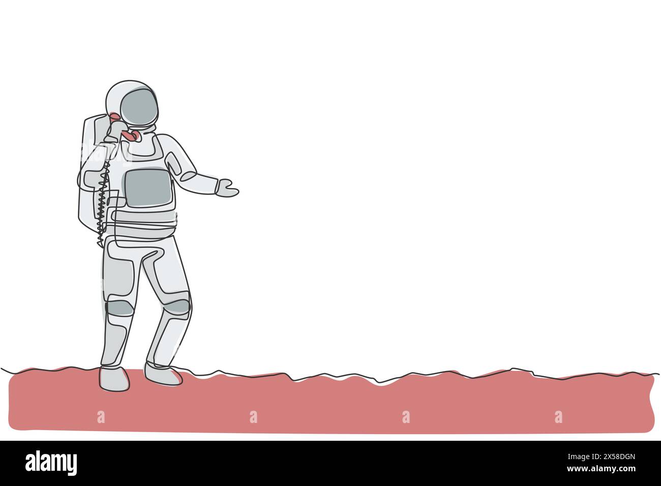 Una singola linea di disegno del cosmonauta sulla superficie lunare fare una chiamata di emergenza all'illustrazione vettoriale del collega. Ufficio affari astronauti con spa esterna Illustrazione Vettoriale