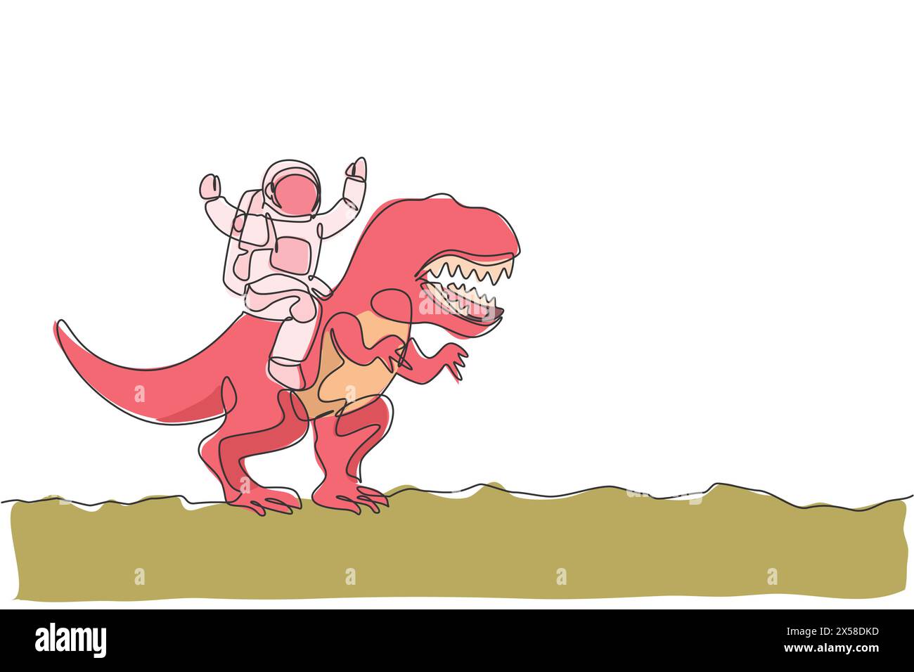 Disegno a linea singola continua di cosmonauta con tuta spaziale a cavallo di tyrannosaurus, animale selvatico sulla superficie lunare. Concetto di viaggio in safari con astronauti fantasy Illustrazione Vettoriale