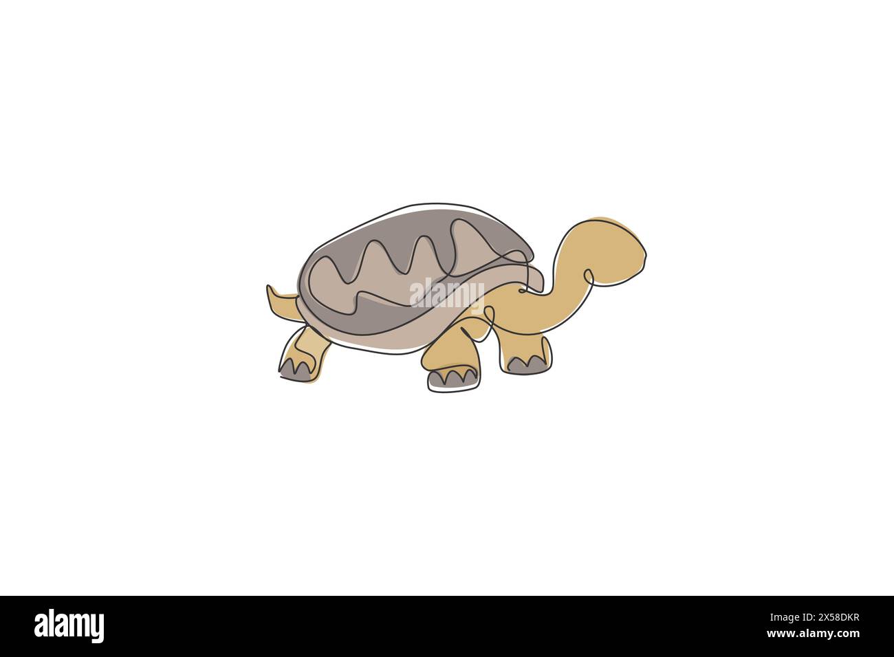 Un disegno continuo di una grande e carina tartaruga sull'isola delle Galapagos. Conservazione del parco nazionale degli animali selvatici. Zoo safari. Linea singola dinamica Illustrazione Vettoriale