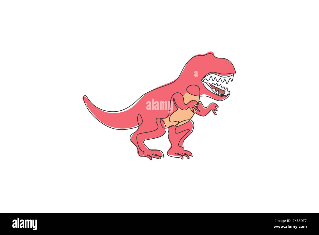 Disegno a linea singola continua di spaventosi dinosauri tyrannosaurus rex. Logo del museo preistorico. Linea vettoriale grafica a una linea di tendenza Illustrazione Vettoriale