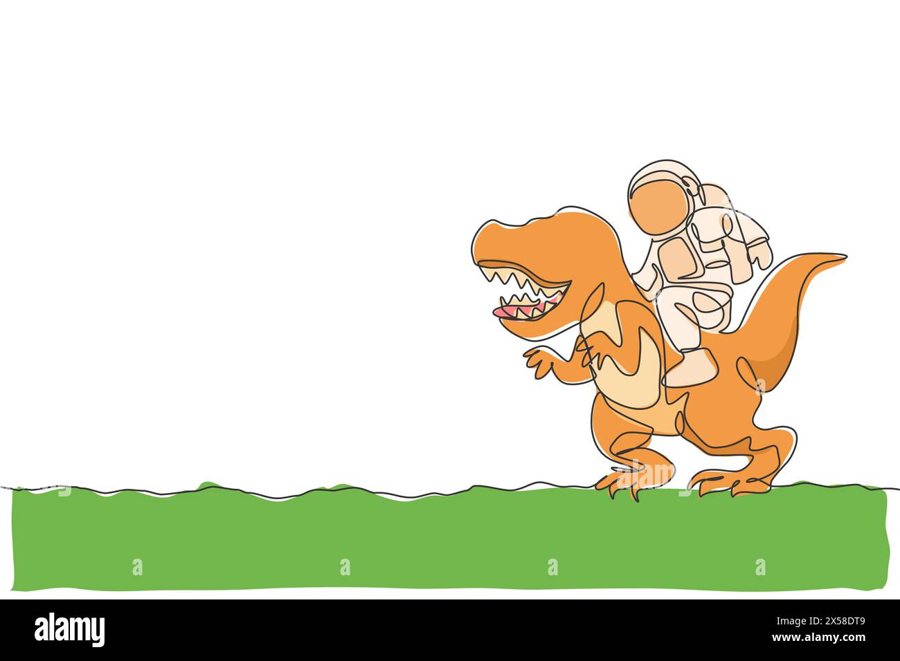 Disegno a linea singola continua di cosmonauta con tuta spaziale a cavallo di t-rex, animale selvatico sulla superficie lunare. Concetto di viaggio in safari con astronauti fantasy. Alla moda Illustrazione Vettoriale