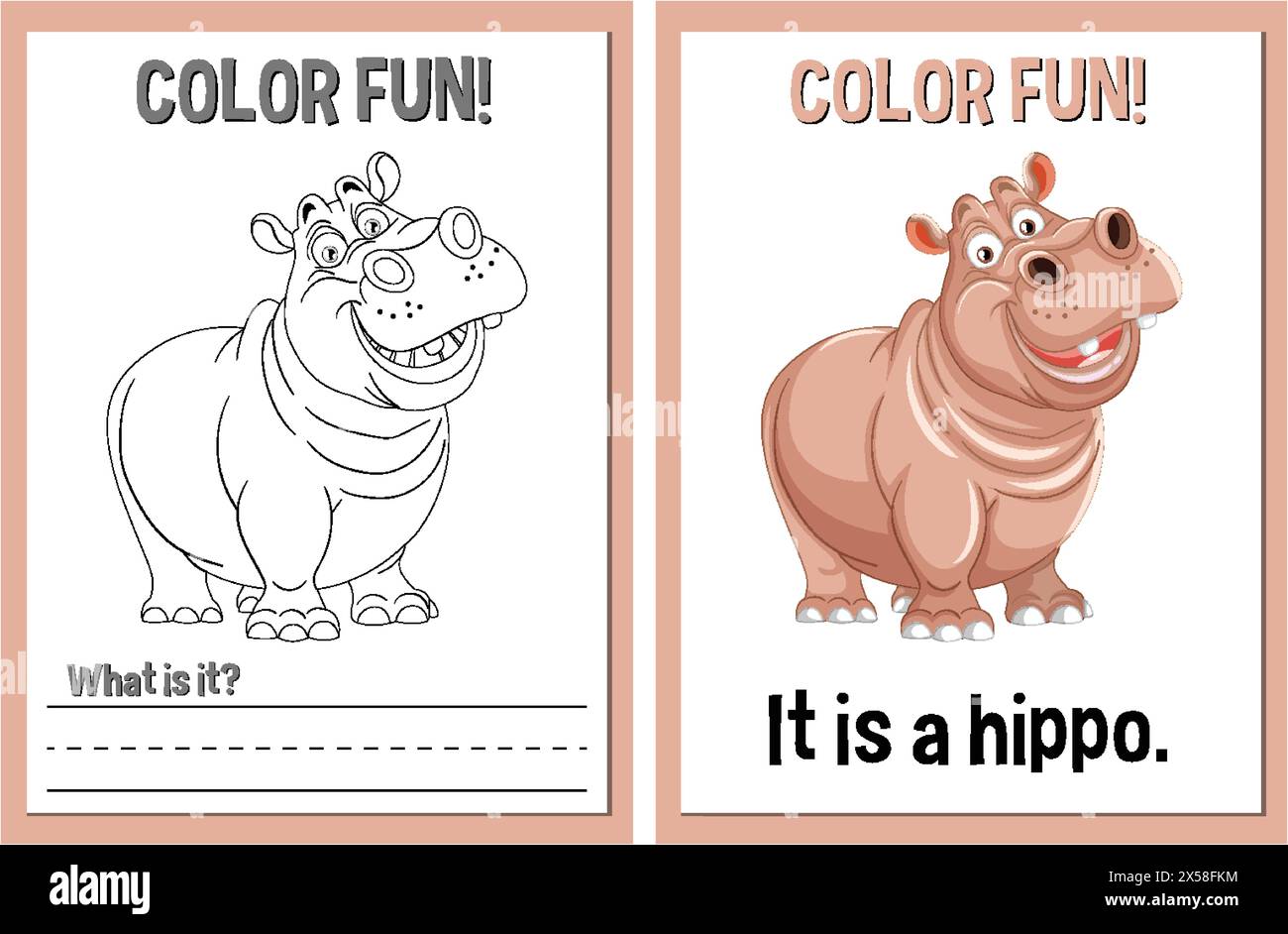 Attività didattica di colorazione con un felice ippopotamo Illustrazione Vettoriale