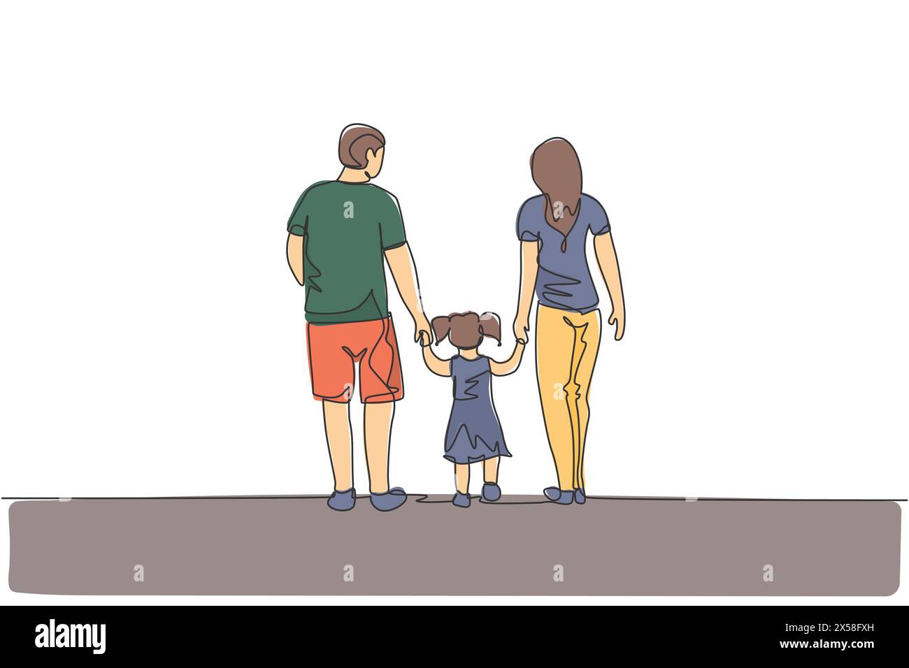 Un unico disegno continuo di giovane padre felice e madre conducono la loro figlia a camminare insieme, tenendosi le mani. Concetto di famiglia felice. Alla moda Illustrazione Vettoriale