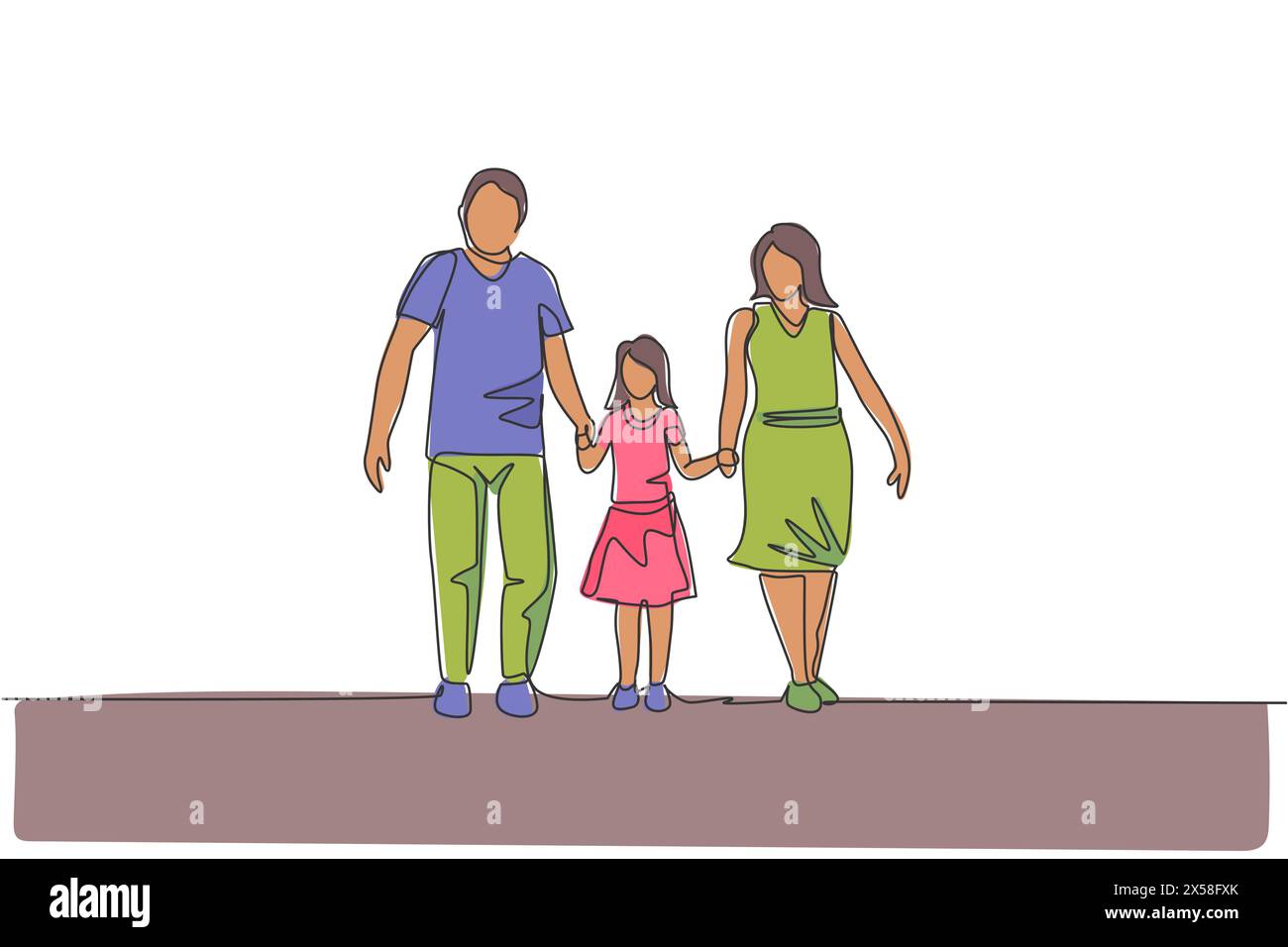Un disegno continuo di giovani mamma e papà felici guidano la loro figlia a camminare insieme. Un concetto di famiglia per genitori felici e amorevoli. lin singolo dinamico Illustrazione Vettoriale