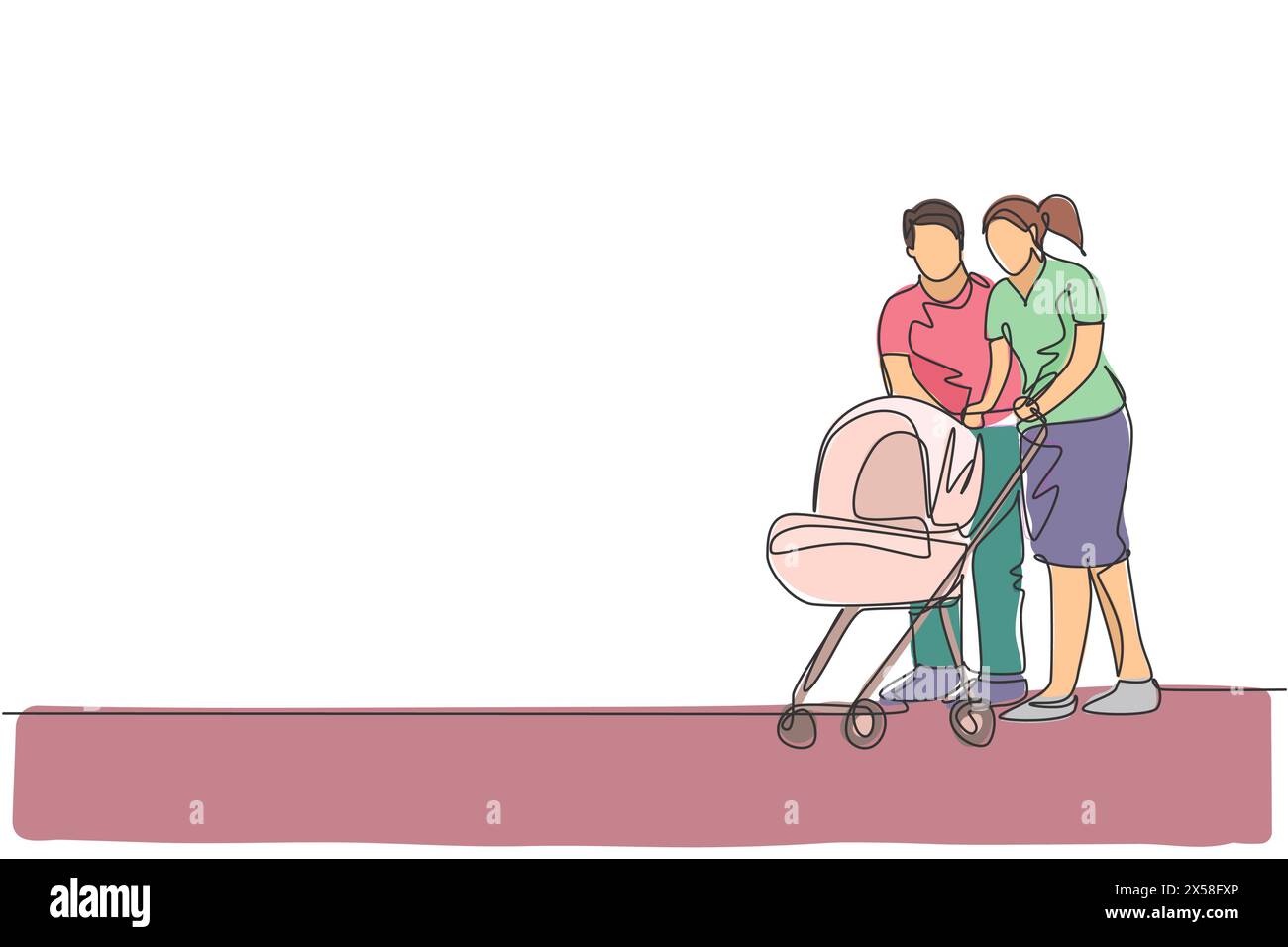 Un disegno a linea singola di mamma e padre felici che spingono insieme il baby trolley e un'illustrazione grafica vettoriale del parco all'aperto. Educazione genitoriale Illustrazione Vettoriale