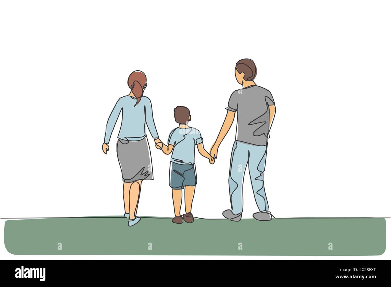 Un disegno su una sola linea di giovane madre felice e padre guidano il figlio a camminare insieme, tenendo le mani un'illustrazione vettoriale grafica. Edu genitoriale Illustrazione Vettoriale